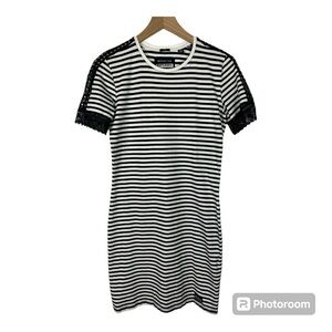 SuperDry Jersey Cotton Navy Stripe Dress Lace Sleeve Accent Sz 8 US
